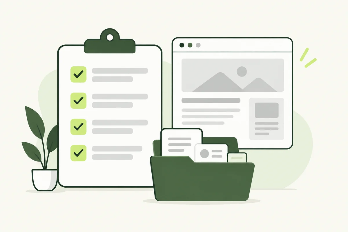A campaign preparation checklist beside a website and business information folder.
