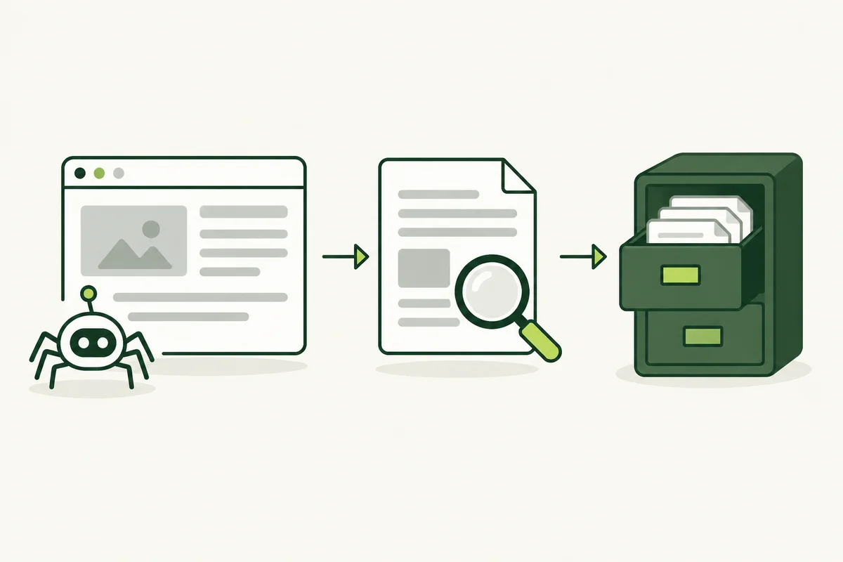 A webpage moving through discovery, inspection and storage stages.
