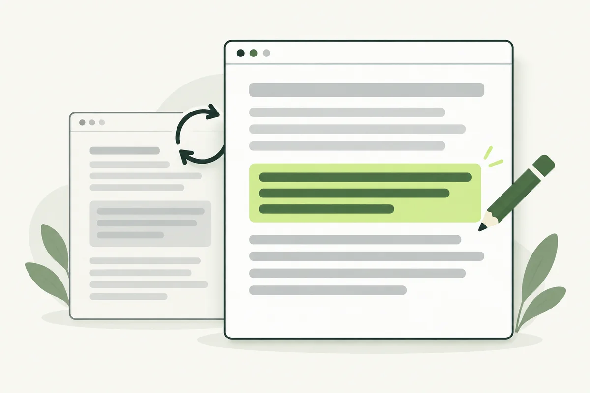 An article with a revised paragraph beside a pencil and a refresh symbol.