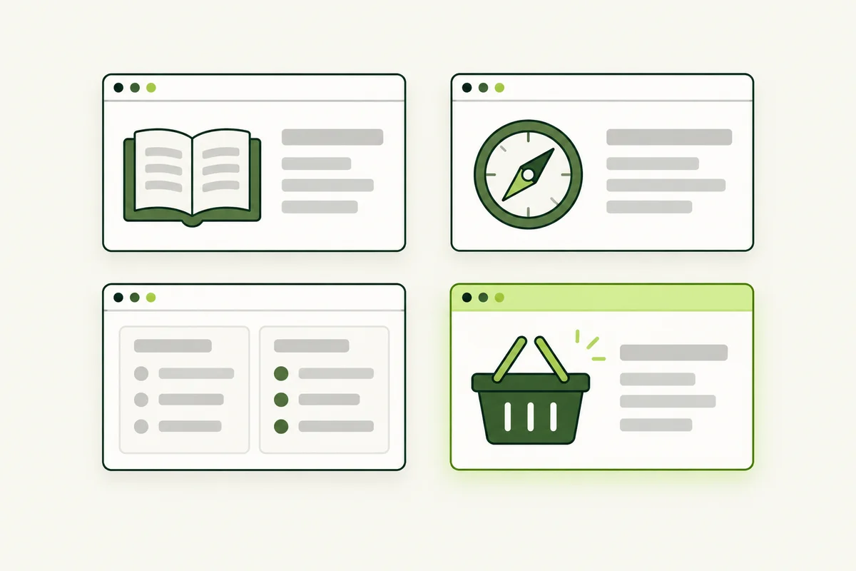 Four content cards representing learning, navigation, comparison and taking action.