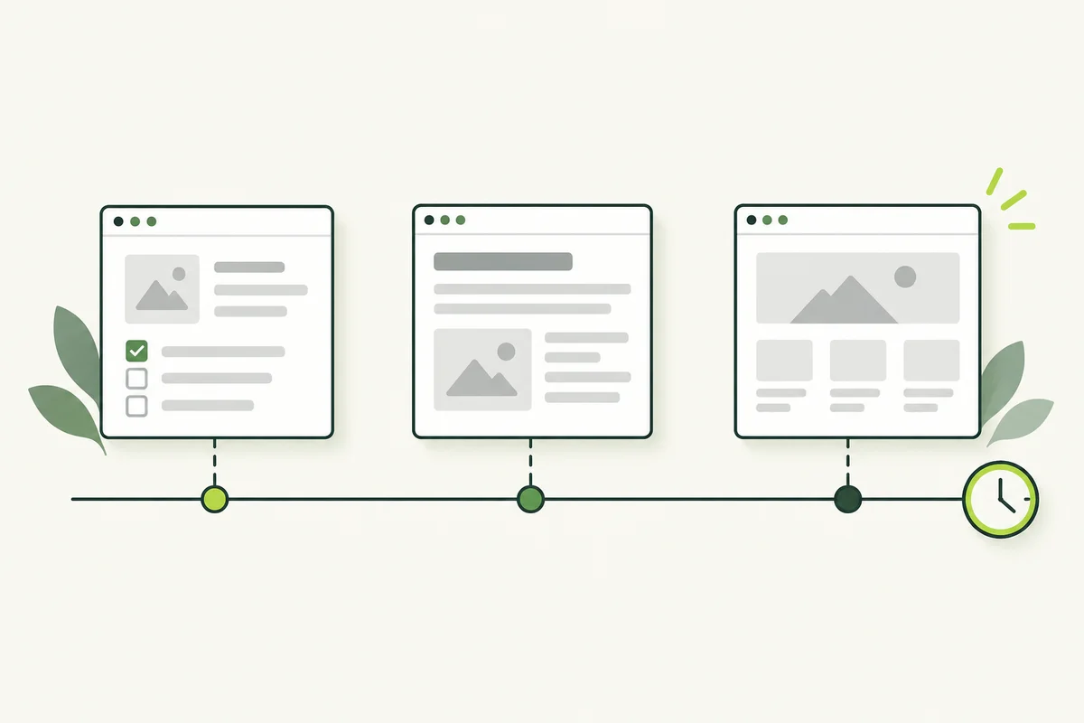 Website work milestones along a timeline beside a small clock.