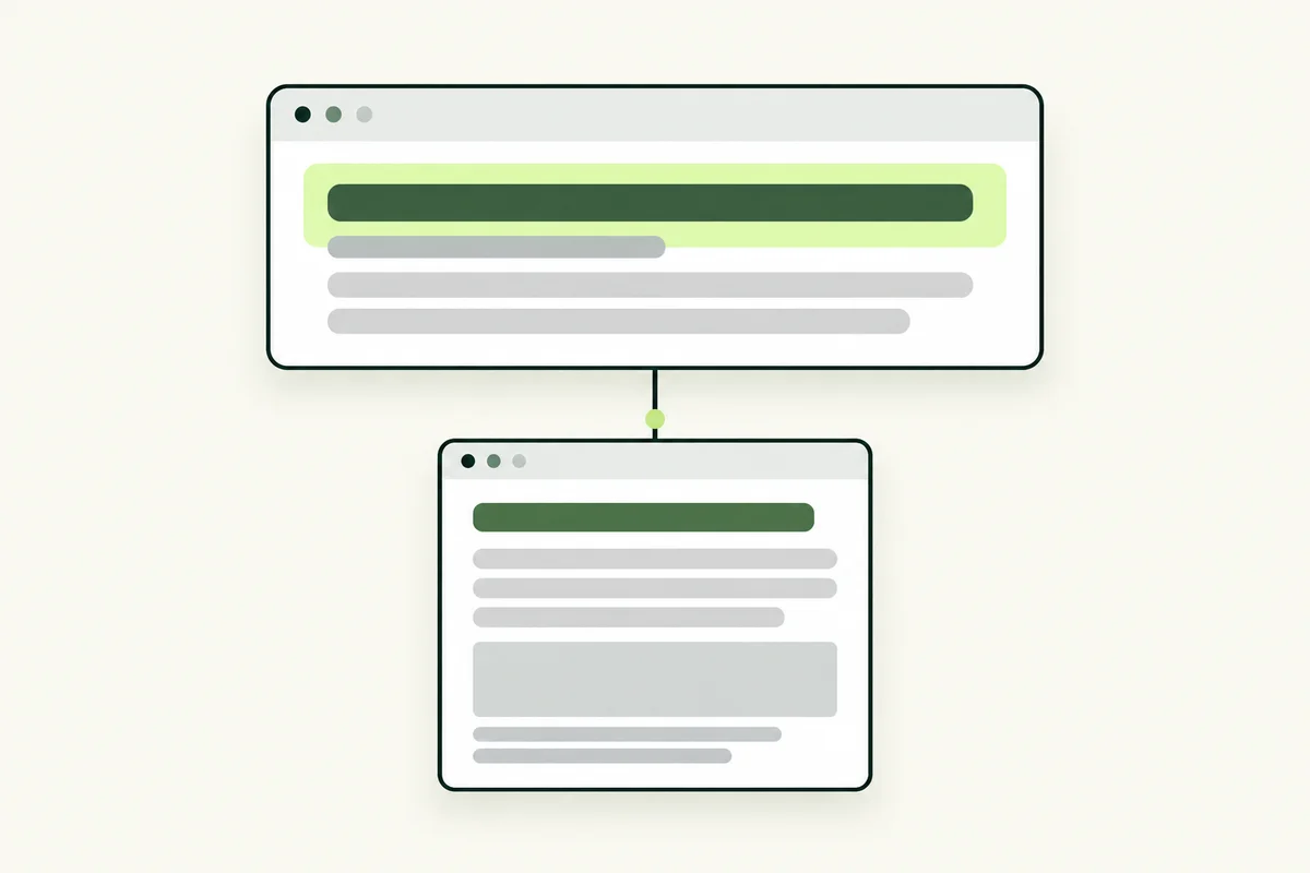A search-result title connected to the matching heading on a webpage.