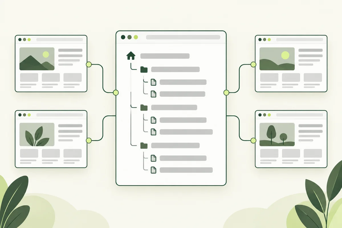 An organised sitemap document branching to four webpages.